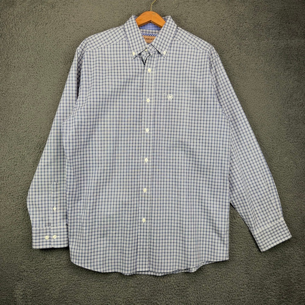 Ariat Mens Blue White Plaid‎ Wrinkle Free Button Down Long Sleeve Shirt Size M